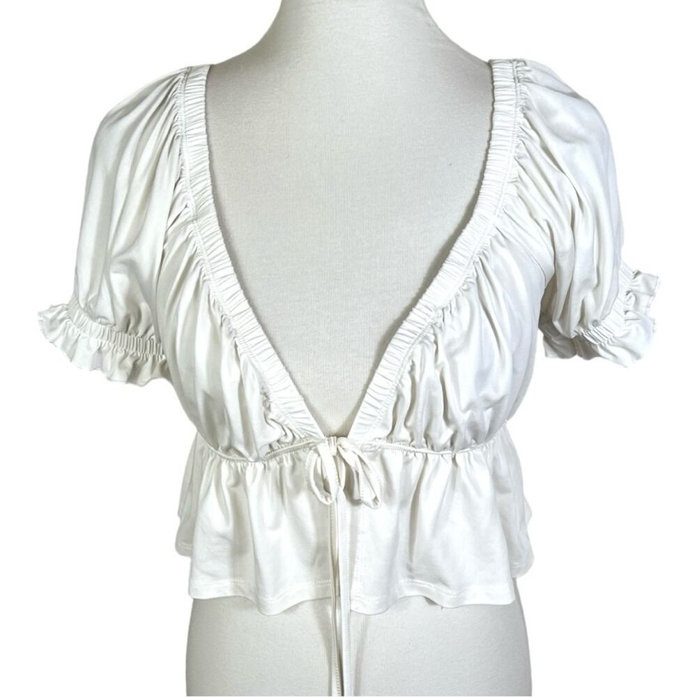 Audrey 3+1 Cream Ruffle Crop Soft Jersey V Neck Tie Closure Blouse / Cardigan L